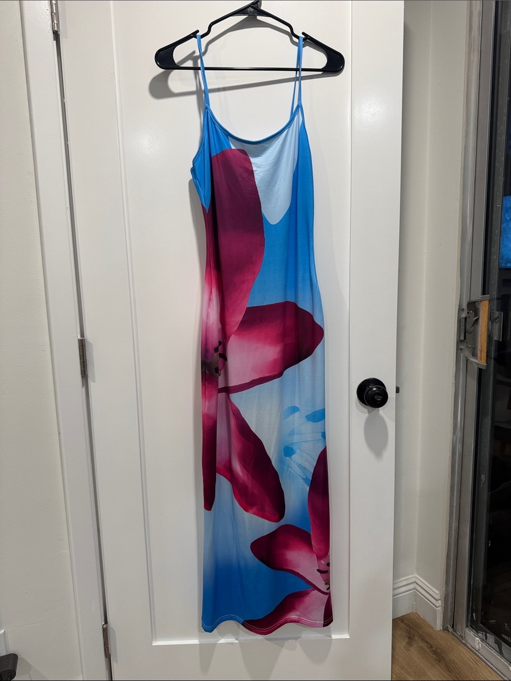 Floral Spaghetti-Strap Maxi Dress in Blue and Magenta